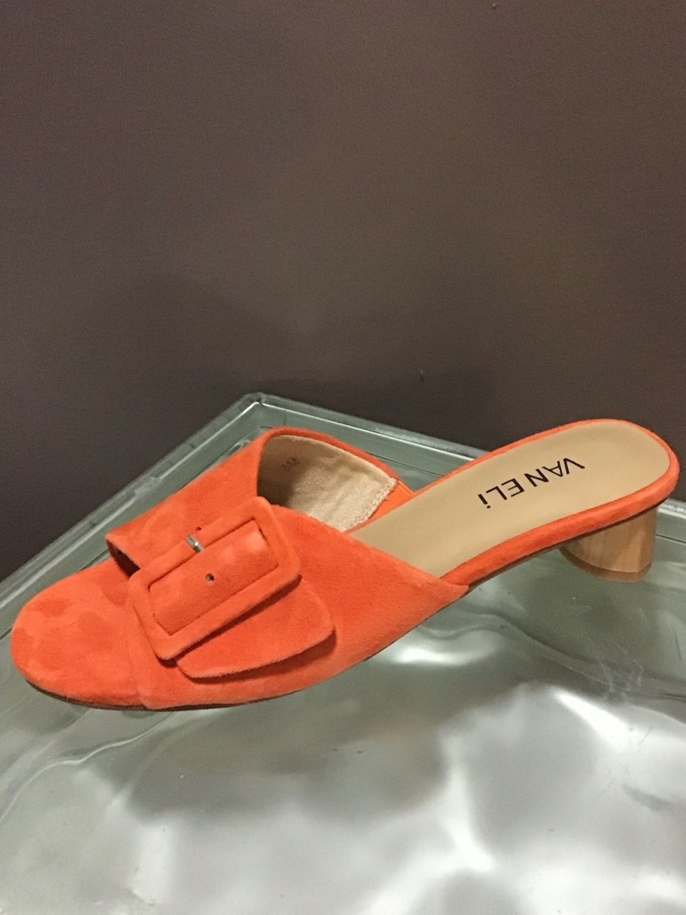 Vaneli Orange Suede Buckle Low Block Heel Mule